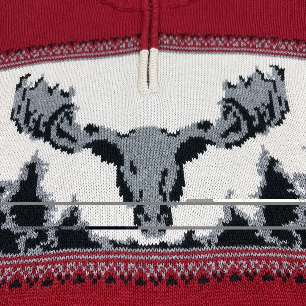 Chaps Men's XL 1/4 Zip Cotton Knit Cardigan Long Sleeve Moose Head Sweater Red